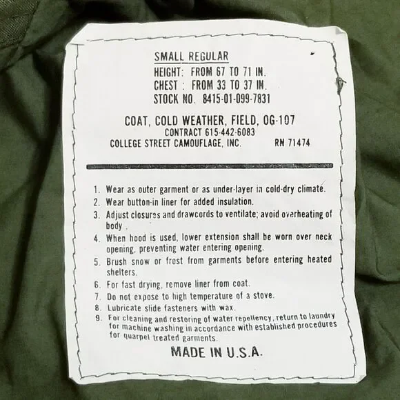 Military Field Jacket 0G-107 Men Size Small Green Cold Weather Coat Made In USA - Picture 4 of 4